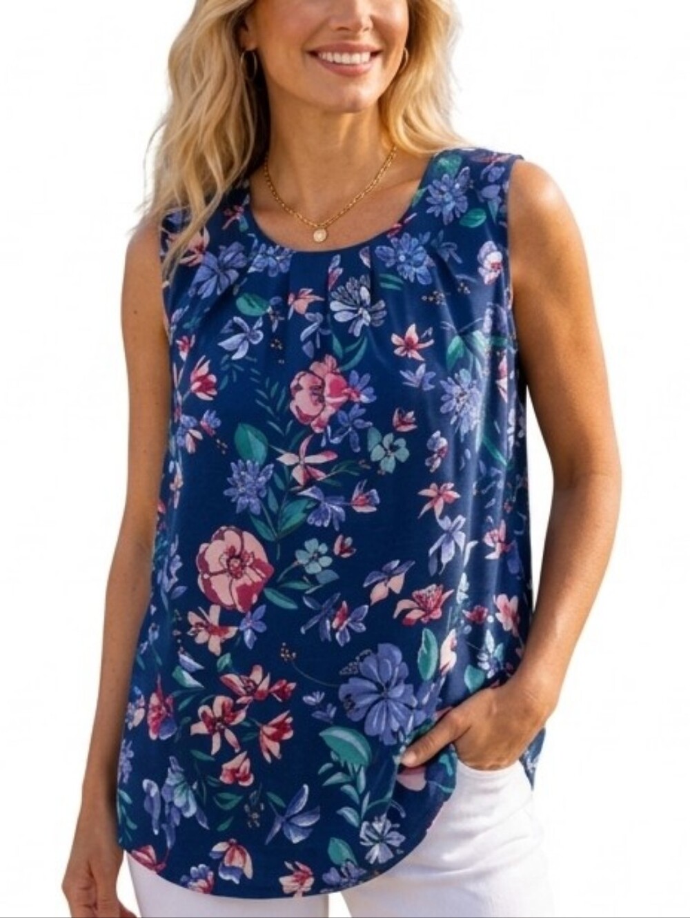 Talbots Navy Blue Sleeveless Floral Pleated Neckline Back Keyhole Blouse XSP